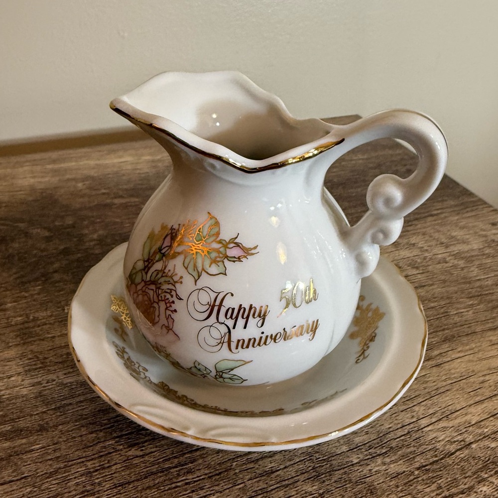 Vintage Enesco Happy 50th Anniversary Small Pitcher w/ Saucer floral Gold